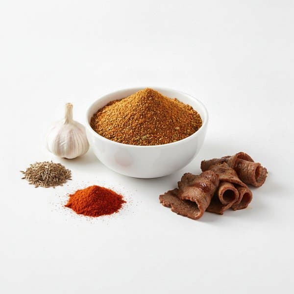 Épices Kebab : bol de mélange, ail, cumin et viande kebab
