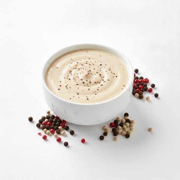 Marinade 3 Poivres : bol de sauce, poivres noir, blanc et baies roses