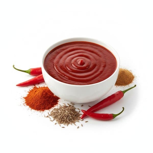 Marinade Mexicaine : bol de sauce, piments rouges et piment en poudre