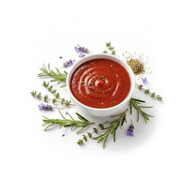 Marinade Provençale : bol de sauce, romarin, thym et herbes de Provence
