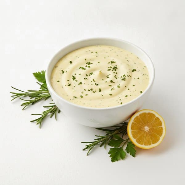 Marinade Romarin Citron : bol de sauce, romarin frais et citron